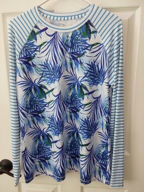 Reel Legends Striped Sleeve Tropical Print Long Sleeve Top - Blue/Green